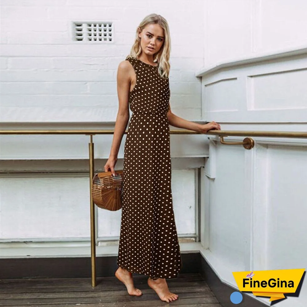 Women Loose Sleeveless Holiday Dot Print Long Maxi Dress Evening Party Beach Dresses Summer Sundress