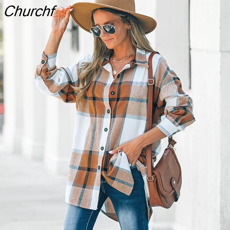 Churchf PETAL Brown Plaid Long Sleeve Blouse For Woman Casual Button Up Shirts Top 2023 Spring Autumn Blouses Streetwear
