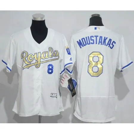 Royals #8 Mike Moustakas White Flexbase Authentic 2015 World Series Champions Gold Program Cool Base Women's Stitched MLB Jersey