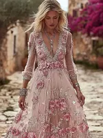 Boho Pink Roses Embroidered V Neck Flowy Maxi Dress