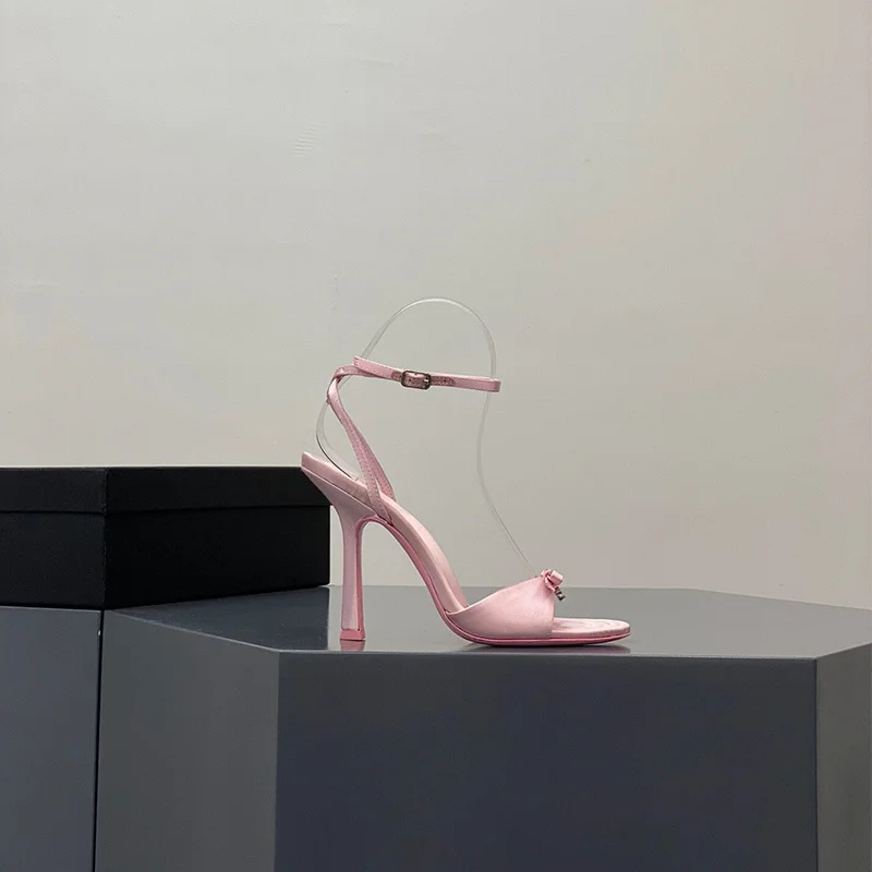Breakj Breakj New Summer Bow Silk Satin High Heels Women Feel Water Drill Letters Fine And Exposed Cool Slippers Pink