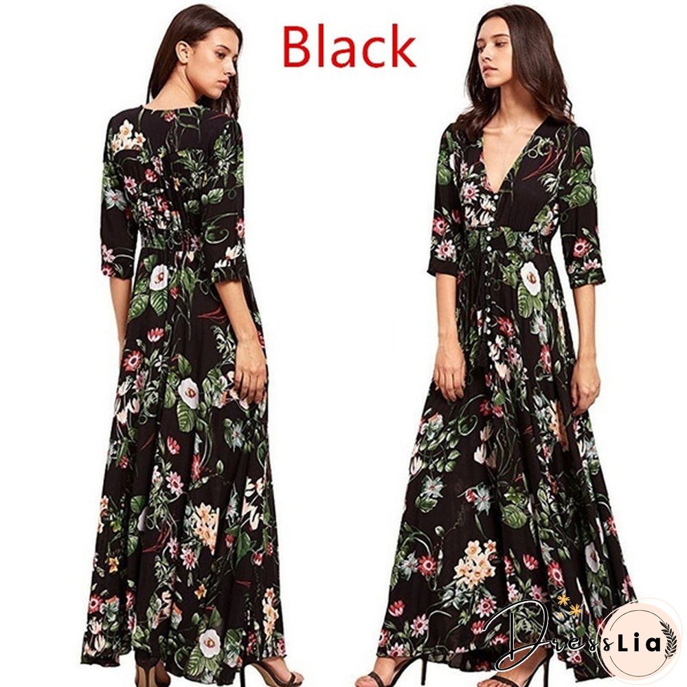 New Fashion Women's Dresses Dresses Women's Fashion Bohemian V-neck Print Large Swing Dress