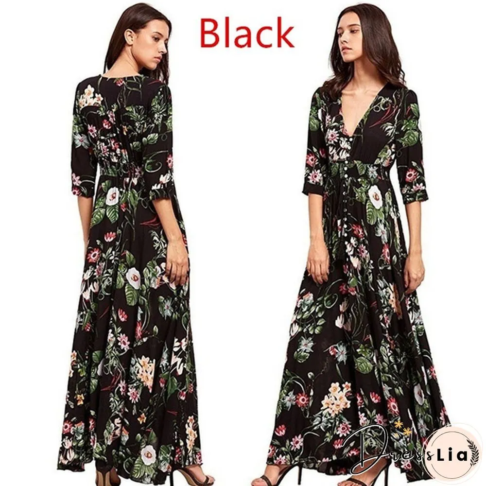 New Fashion Women's Dresses Dresses Women's Fashion Bohemian V-neck Print Large Swing Dress