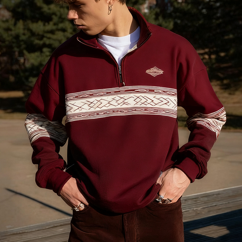  Stylish Half-Zip Pullover with Geometric Pattern for Men