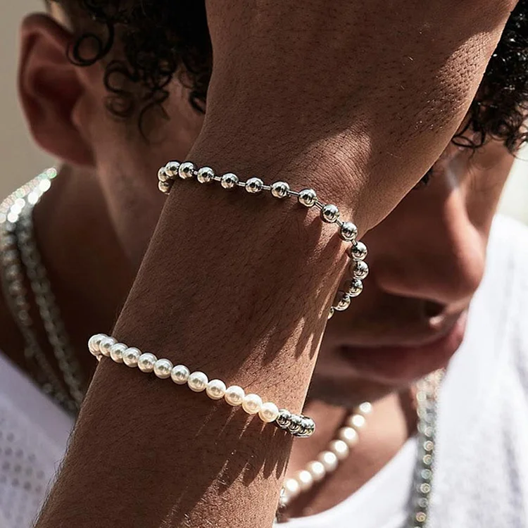 6MM Handmade Simulated Pearl Link Men Bracelet