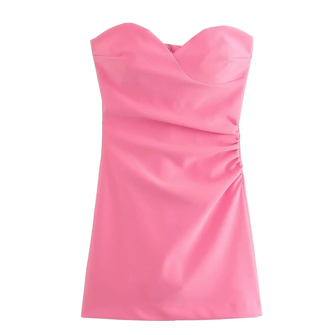 Tlbang New Fashion Women Pink Ruched Strapless Dress Sleeveless Back Zipper Female Party Mini Sexy Vestidos