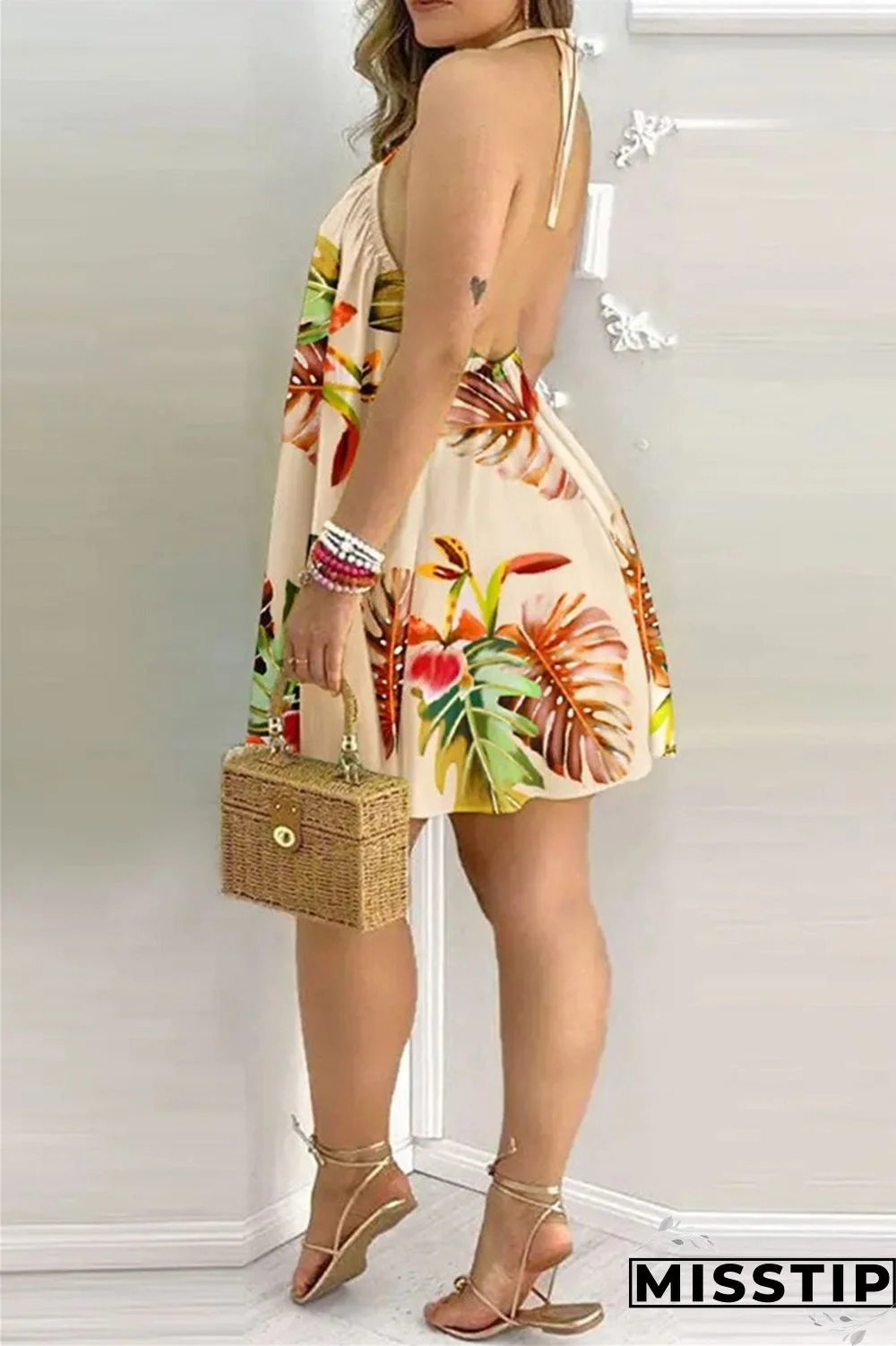 Gradient Color Fashion Casual Print Bandage Backless Halter Sleeveless Dress Dresses
