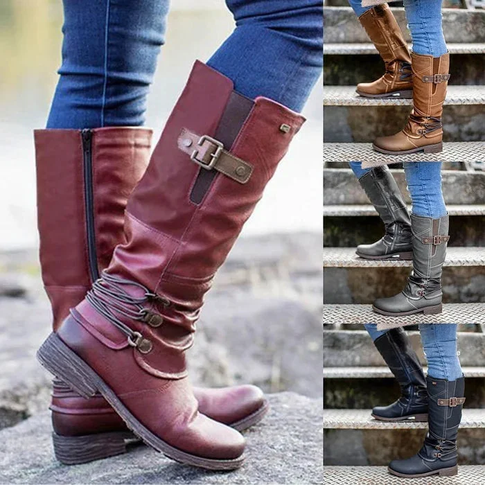 Women\'s Vintage Leather Zipper High Snow Boots