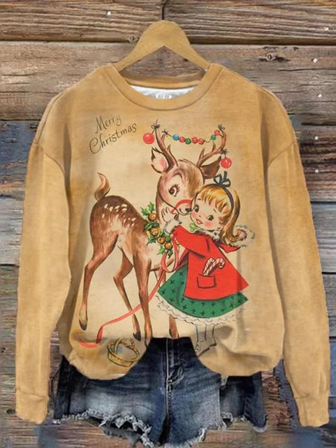 Women's Vintage Little Girl And Christmas Deer Print Long Sleeve Sweatshirt