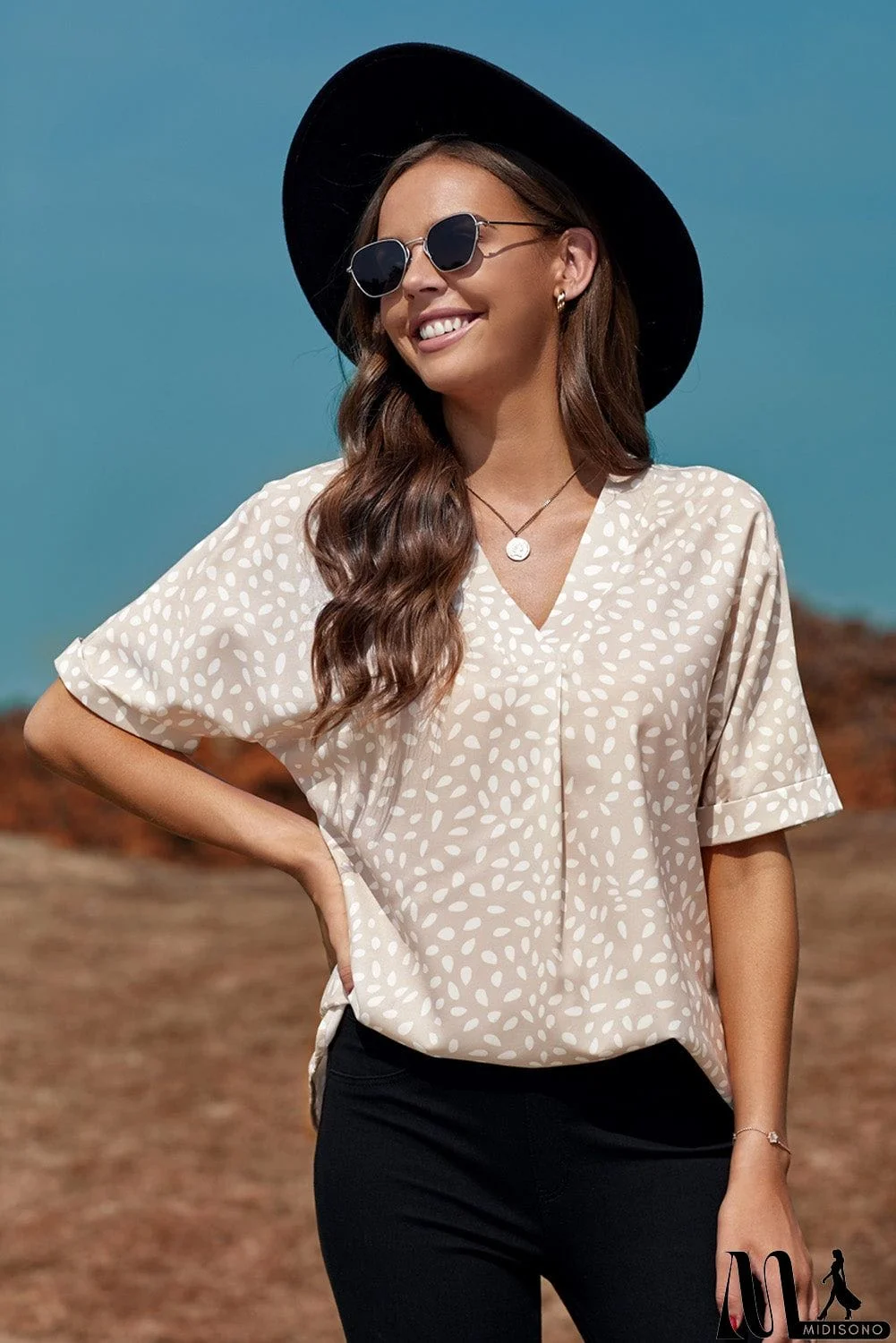 MidiSono - Chic Apricot Chloe Animal Print V-neck Rolled Sleeve Tunic Top