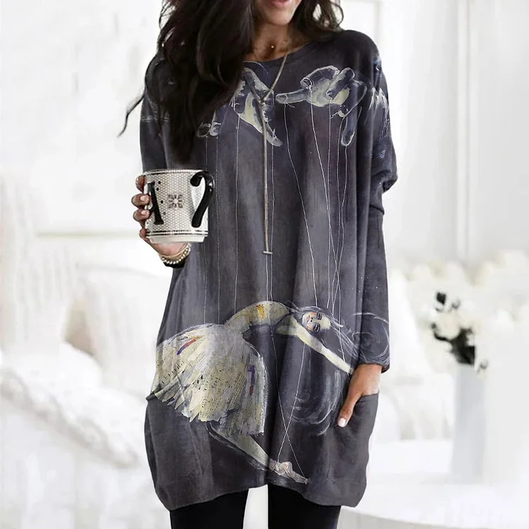 Comstylish Halloween Female Ghost Pattern Round Neck Dress