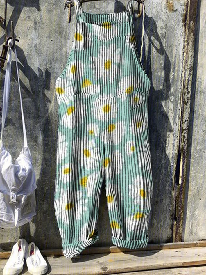Retro flower print casual overalls