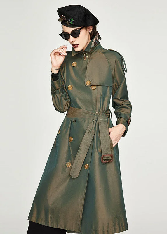 Women Khaki Notched Collar Side Open Cotton Double Breasted Trench