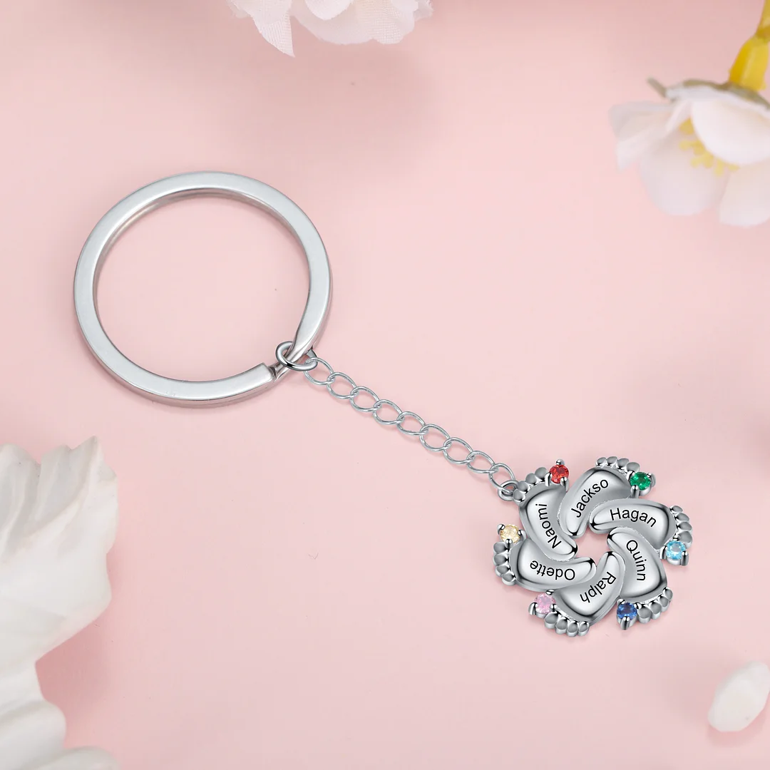 Baby Foot 925 Sterling Silver 6 Birthstones Keychain