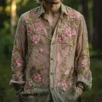 Men's Vintage Pink Floral Embroidered Forest Dyed Linen Shirt - Image 2