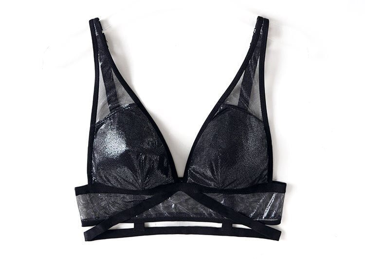 Wriufred Tempting Ultra-thin Bronzing Mesh Lingerie Women Sexy Underwear Deep V Push Up Bras Matte Glossy Micro-collar Bralette