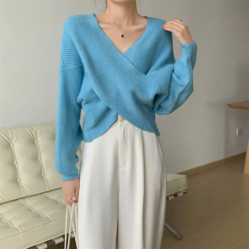 Chic Cross Knit Crop Sweater Casual Suit Pants