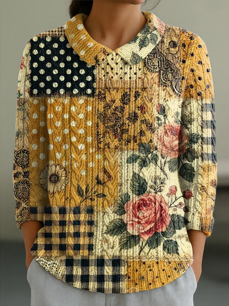 Women's Vintage Rose Floral Plaid Splicing Painting Art Print Casual Peter Pan Collar 3/4 Sleeve Sweater