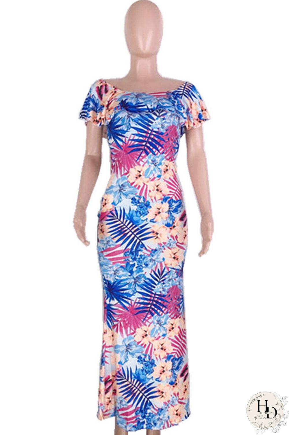 Blue Fashion Sexy Off The Shoulder Short Sleeves One word collar Slim Dress Ankle-Length Print Club Dres