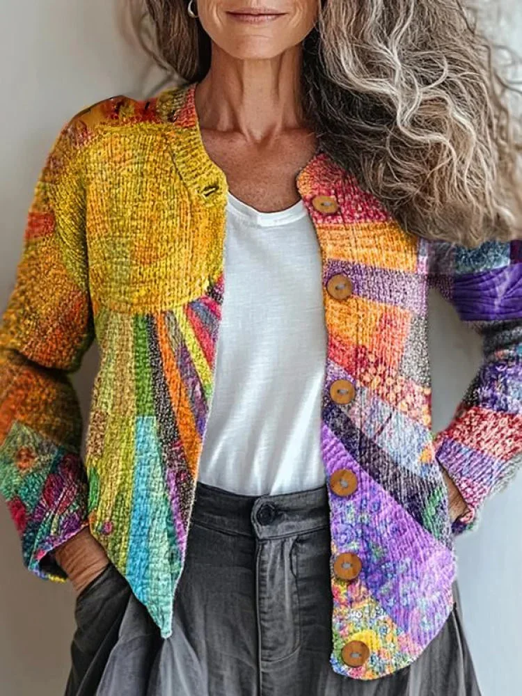 Colorful Warm Sunshine & Sea of Flowers Print Buttoned Cardigan Sweater