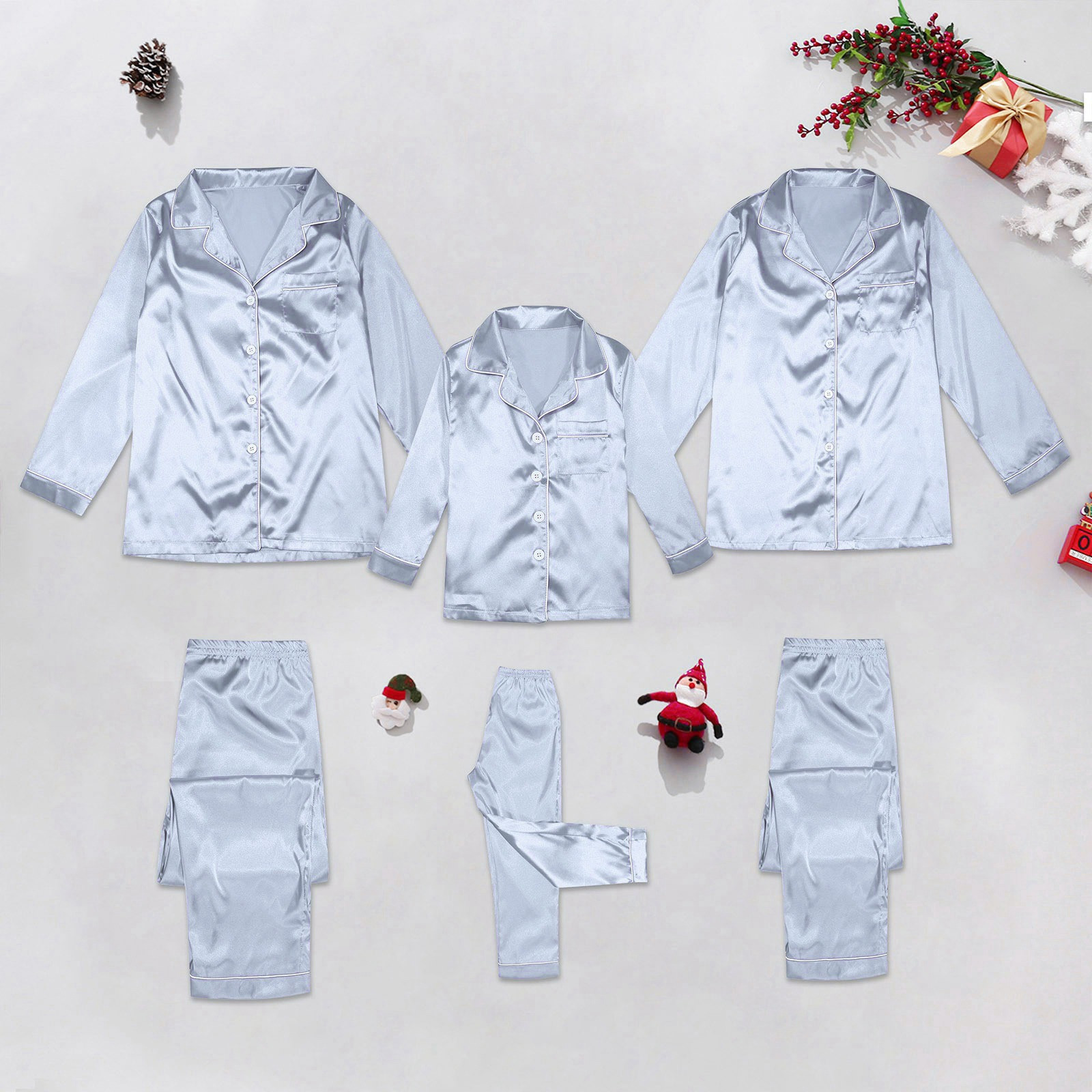 Gamehomew Christmas Home Women'S Silk Pajama Autumn 2 Piece Plus Size Family Matching Outfits Long Sleeve Mother-Kids Silver Stitch Pajama