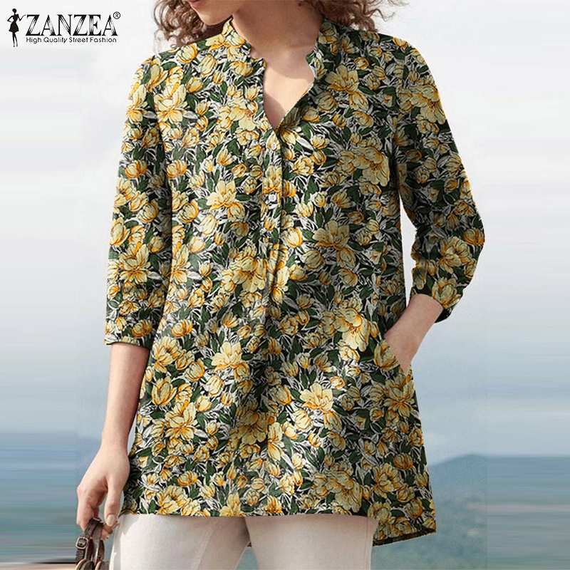 Elegant Summer Shirts Women Printed Blouses ZANZEA 2022 Casual 3/4 Sleeve Blusas Female V Neck Tunic Female Button Chemise Tops