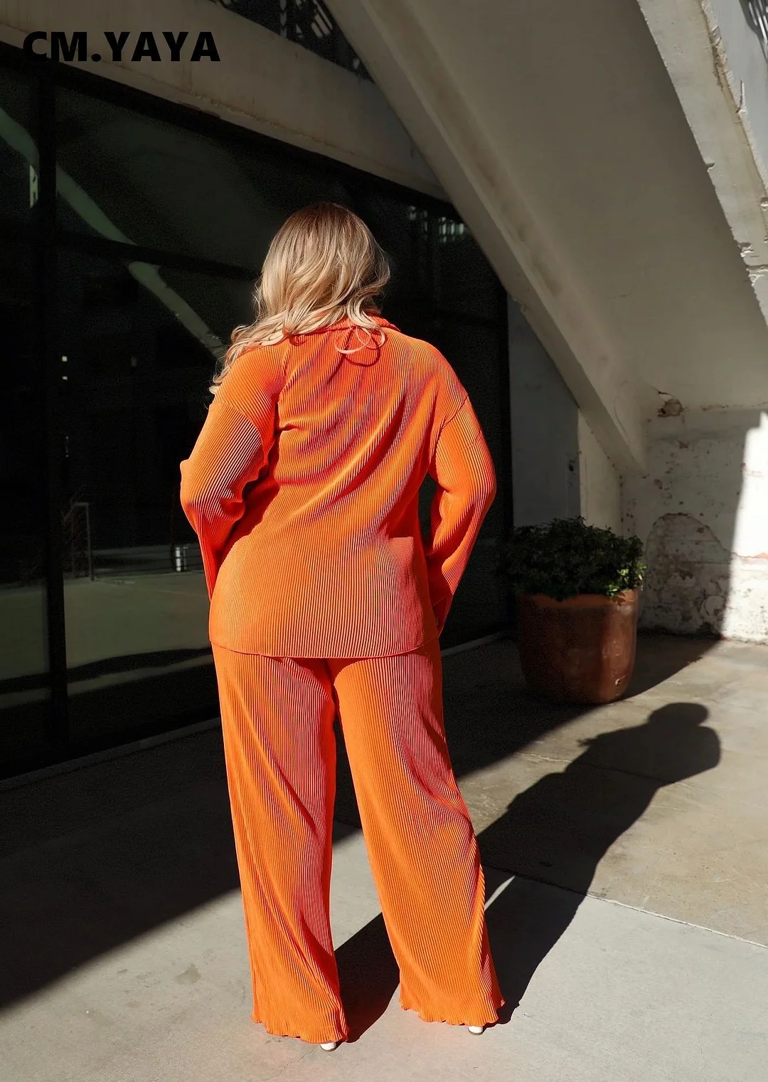 CM.YAYA Street Women's Set Long Sleeve Shirt Tops and Wide Leg Pants Elegant Tracksuit Two Piece Set Sweatsuit Fitness Outfits