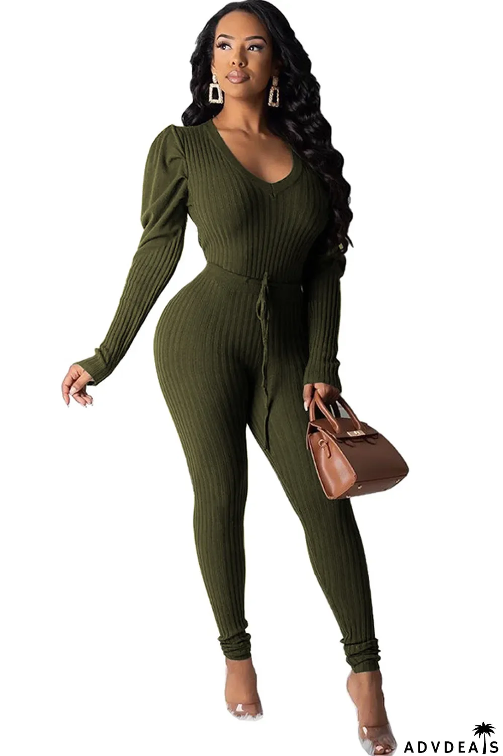 Army Green Polyester Casual Solid Patchwork Two Piece Suits pencil Long Sleeve Two-piece Pants Set