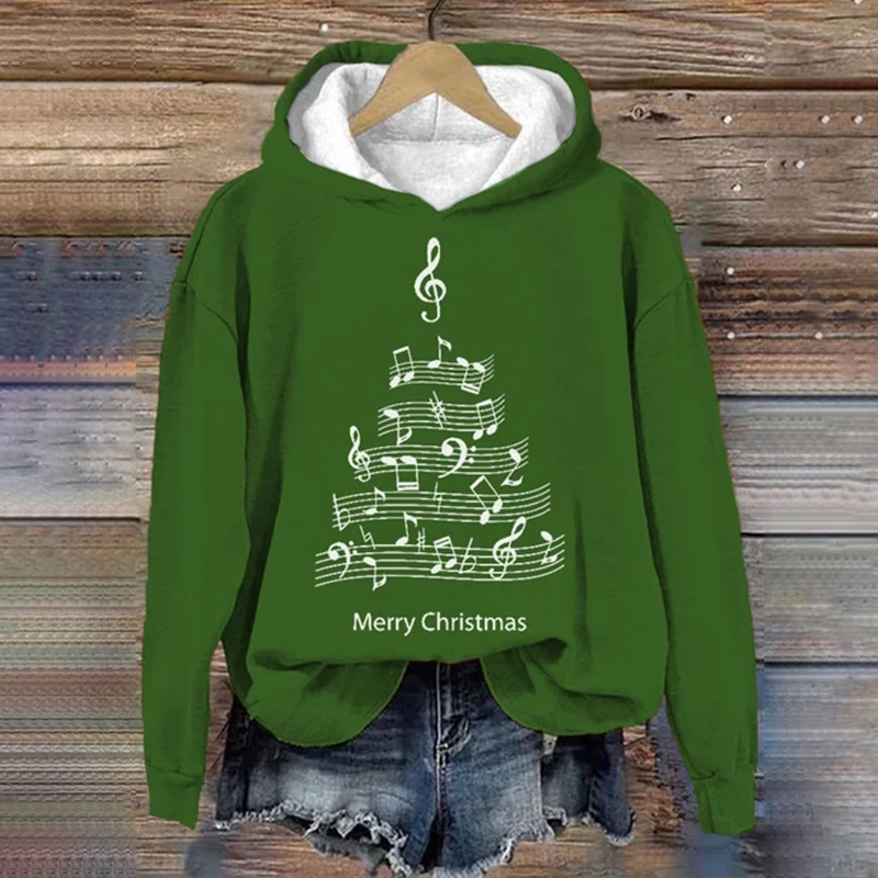 Women's Music Note Christmas Tree Print Long Sleeve Sweatshirt wearshes