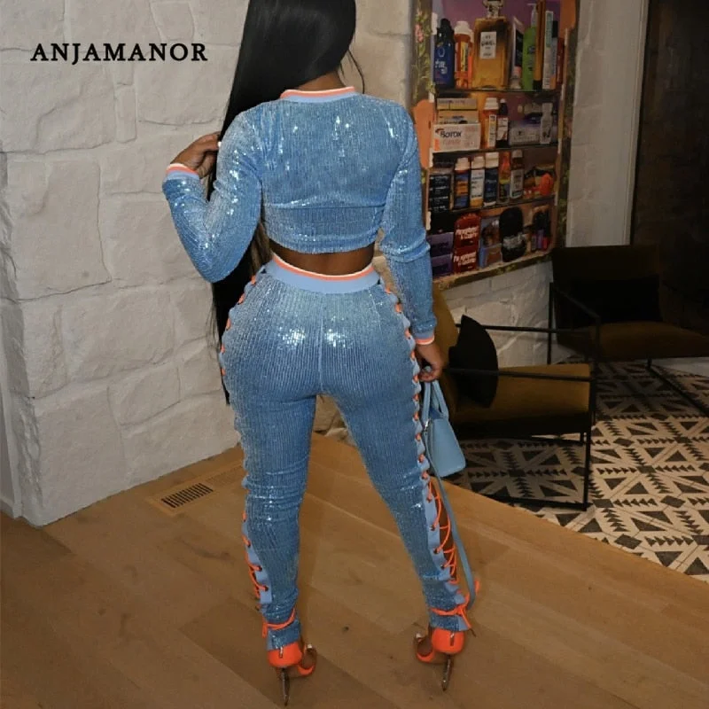 ANJAMANOR Sexy Bling Sequin Two Piece Set Club Outfits for Women Cut Out Lace Up Bandage Pants Crop Top Matching Sets D57-HH42