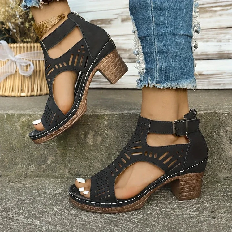 Versatile Hollow Out Mid Heel Open Toe Sandals Radinnoo.com