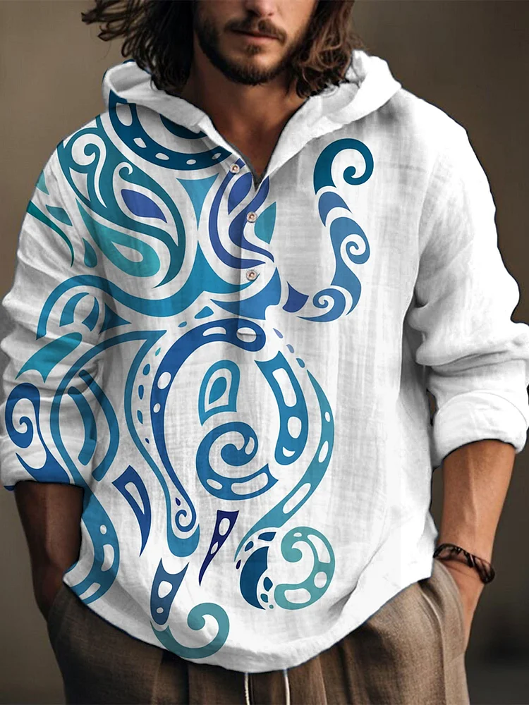 Japanese Octopus Pattern Ocean Art Linen Hooded Long Sleeve Shirt