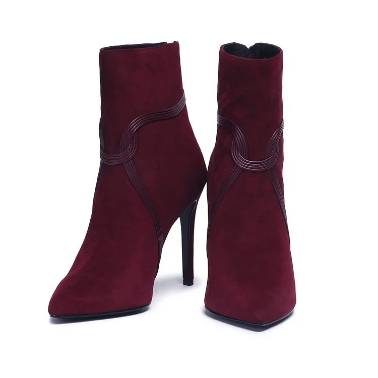 Burgundy Vegan Suede Boots Stripes Stiletto Heel Ankle Boots |FSJ Shoes