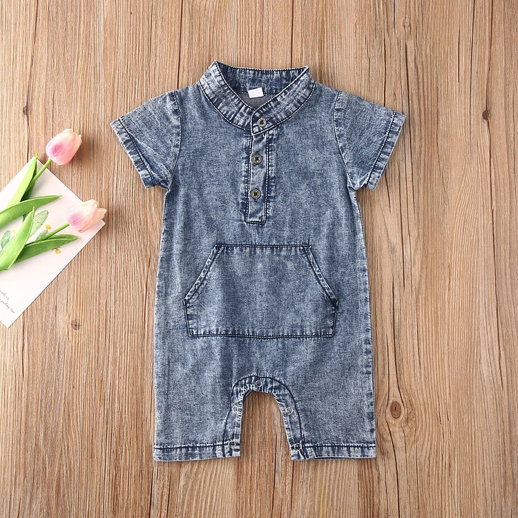 Baby Boy Pocket Design Casual Denim Short Sleeve Romper