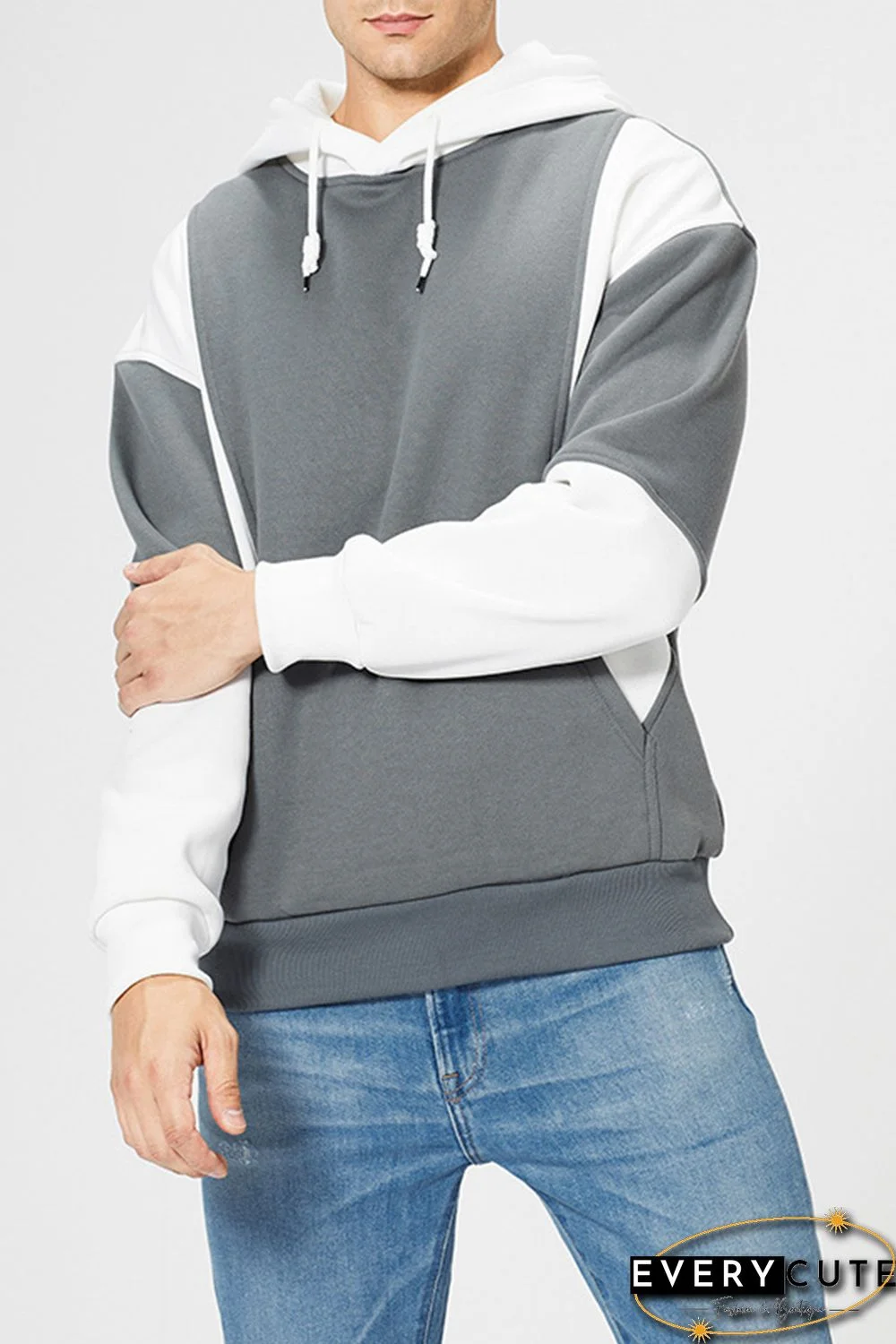 White Men Colorblock Pullover Long Sleeve Hoodie