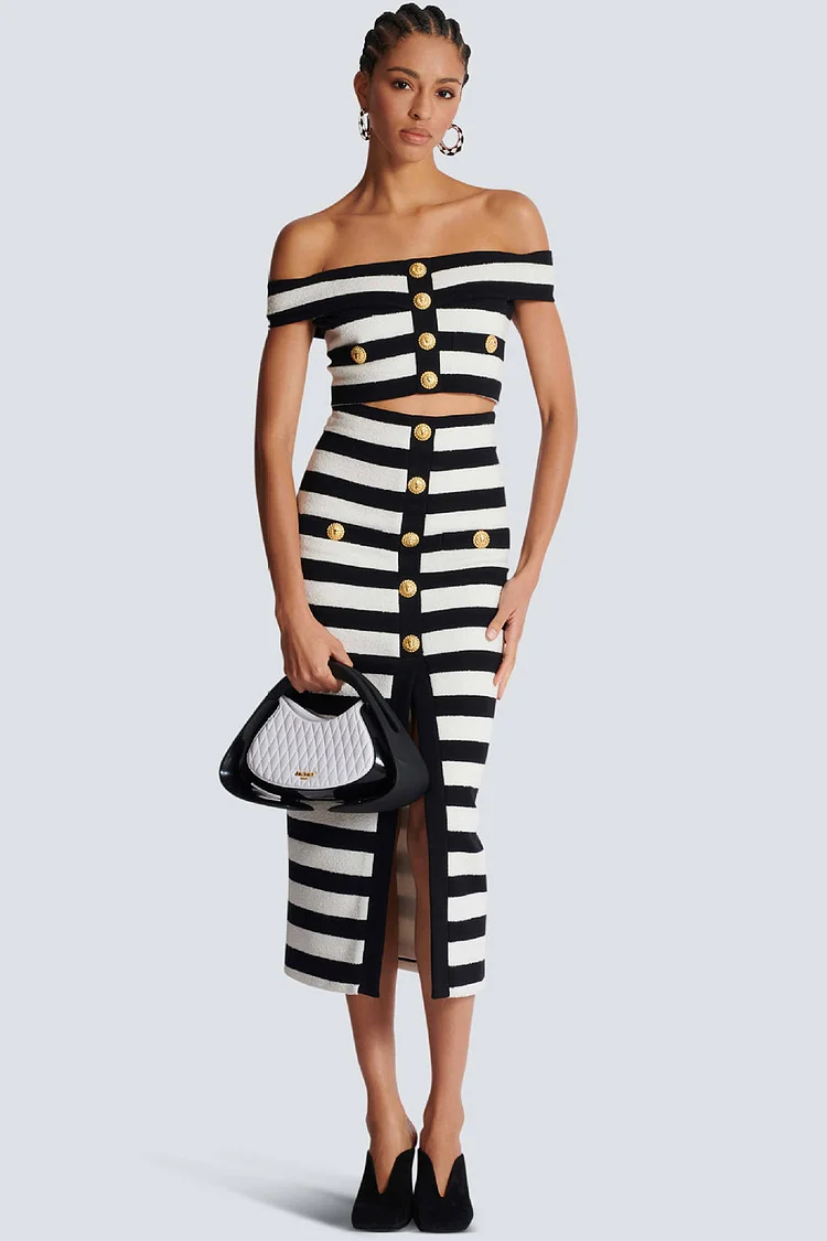 Off Shoulder Striped Gold Buttons Two Piece Skirt Set-Black And White