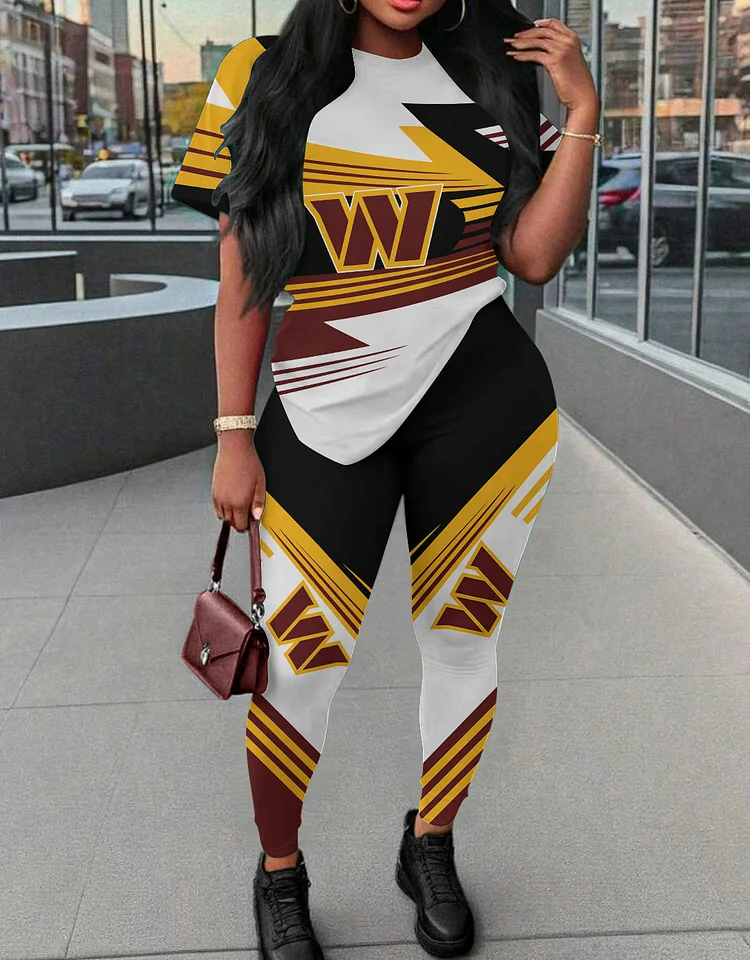 Washington Commanders  Women Short Sleeve T-Shirt Top & High Waist Leggings Pants  Set For Sports Yoga