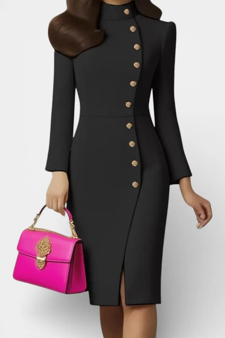 High Neck Midi Dress with Gold Button Closure