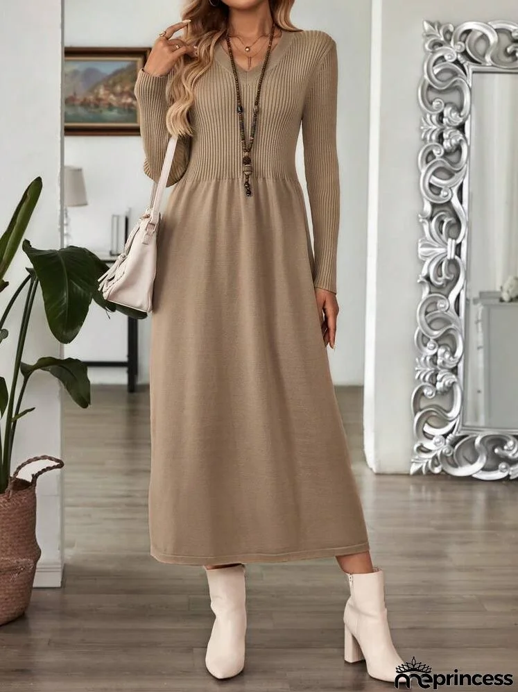 Women's V-Neck Knit Waist-Cinched Flared Long Sleeve Sweater Dress, Autumn/Winter