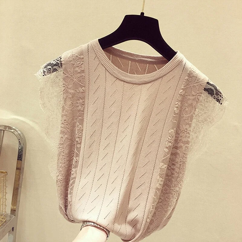 2021 Spring Summer Korean Fashion Women Mesh Shirt Sleeveless O-Neck Lace Knitted Patchwork Tops Hollow Out Clothes Blusas 8795