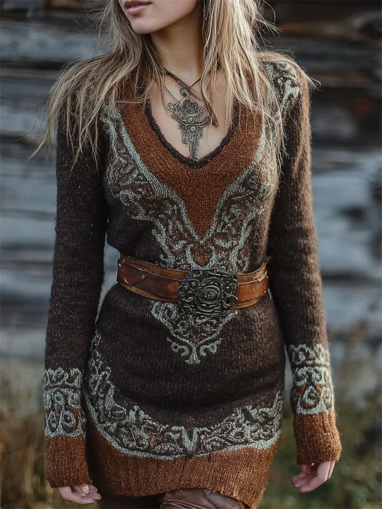 Vintage Ethnic Pattern Contrast V Neck Knit Sweater Dress