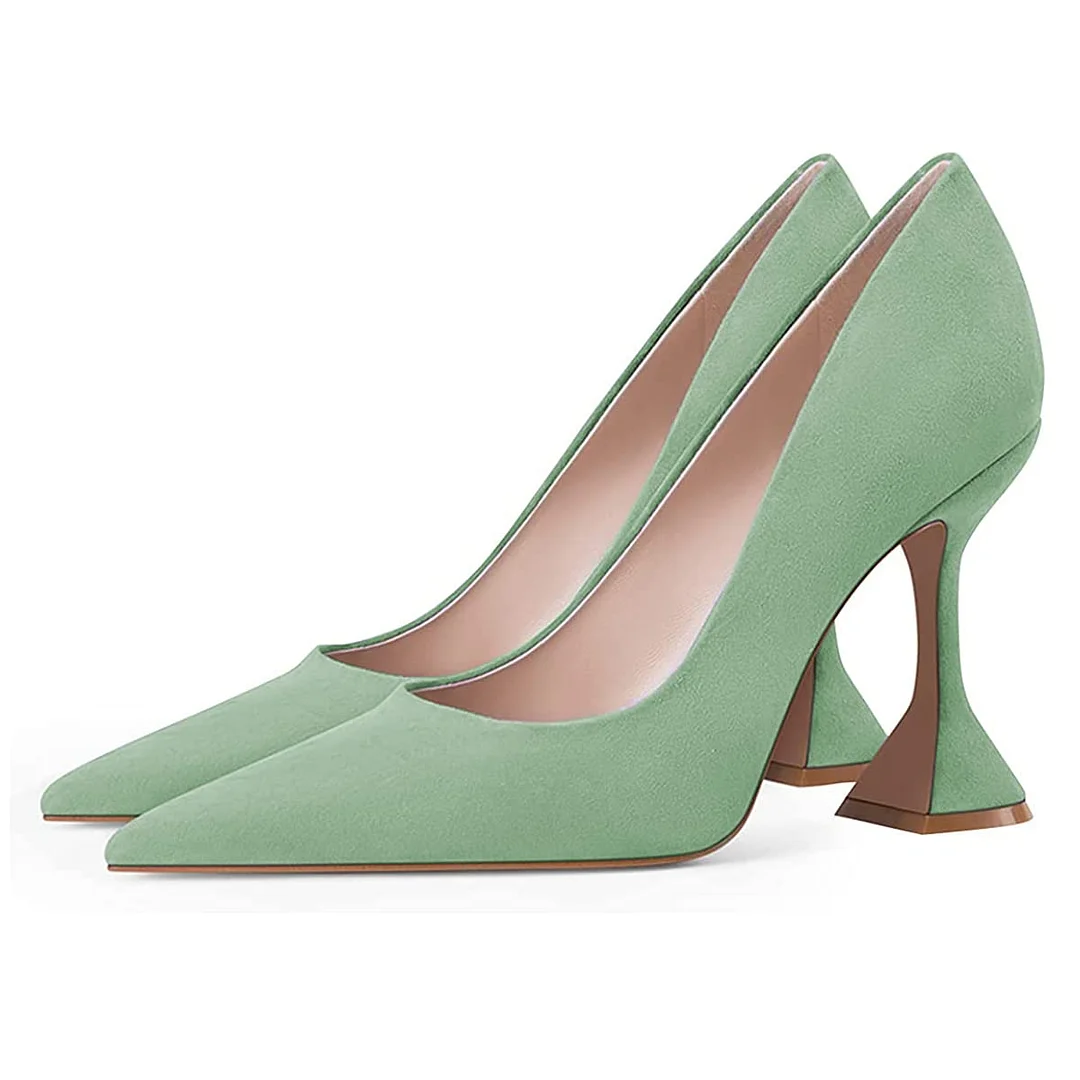 YDN Women's Mint Green Vegan Suede Pumps Heels with Pointed Toe