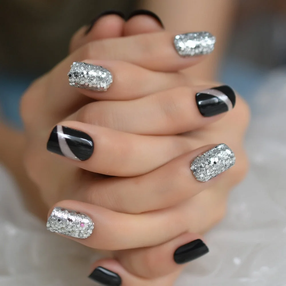 Rough Silver Glitter Faux Ongles Short Black Nails Fake Bling Lady Artificial Acrylic Nail Tips for Fingers-Nail Inspo