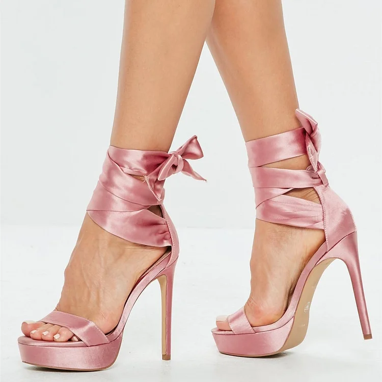 Pink Satin Strappy Stiletto Heel Platform Sandals |FSJ Shoes