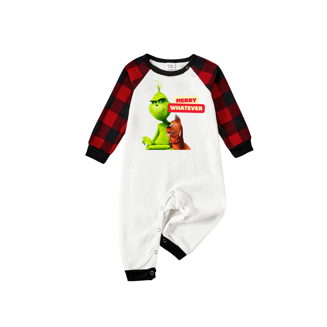 Christmas Cartoon Pattern and "Merry Whatever" Printed Red & Black Plaid Family Matching Pajamas