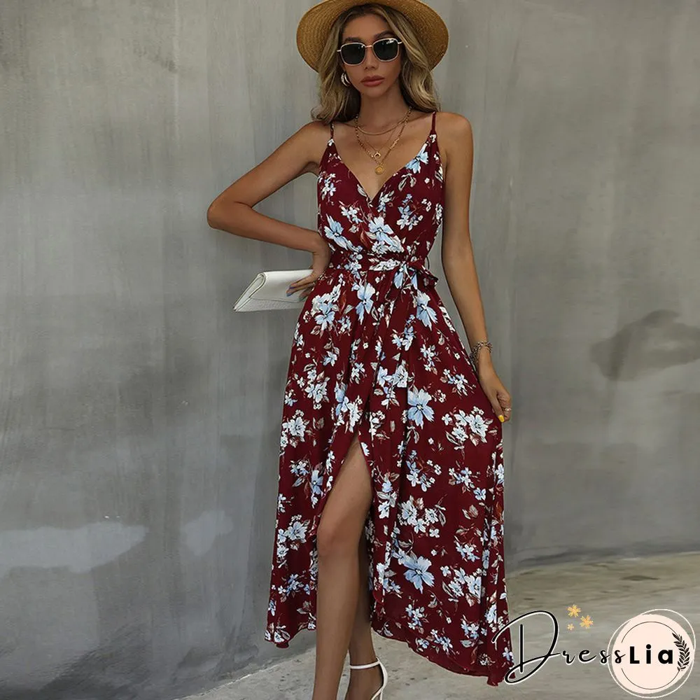 Elegant Floral Print Split Sling Dress For Women Autumn New V-Neck High Waist Lace-up