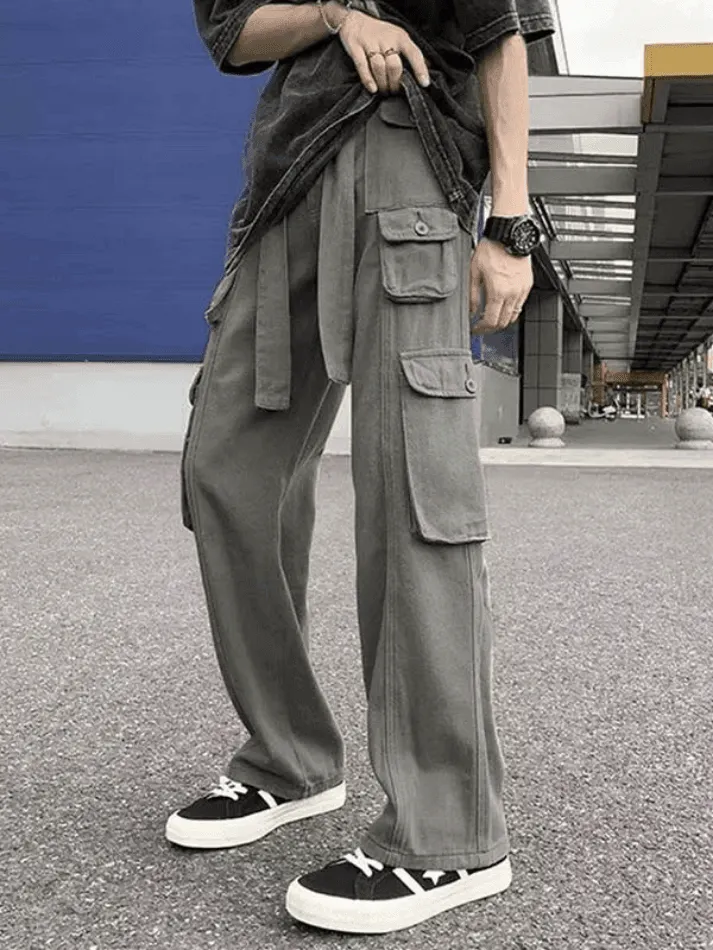 Brownm Men's Strap Detail Pocket Loose Cargo Pants