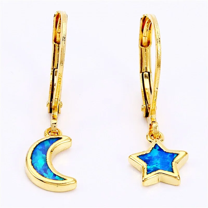 Cute Female Star Moon Drop Earrings Dainty Gold Silver Color Clip Earrings For Women Vintage Blue White Opal Wedding Jewelry