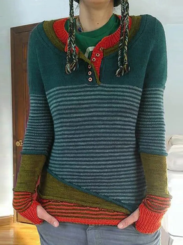 Vintage Striped Colorblock Single Breasted Sweater