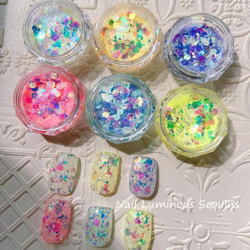 1 Box Luminous Nail Glitter Neon Hexagon Fluorescent Flake Glow in the Dark Sequin Nails Art Decorations Manicure Accessories-Nail Inspo